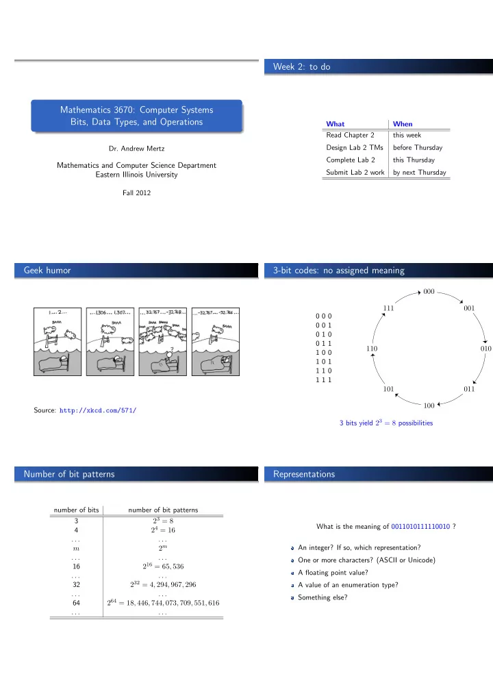 week 2 to do mathematics 3670 computer systems bits data