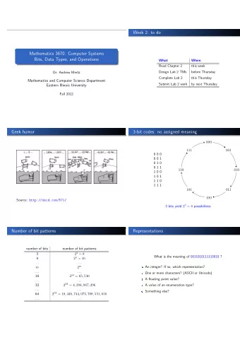 Week 2: to do  Mathematics 3670: Computer Systems  Bits, Data Types, and Operations  What  When