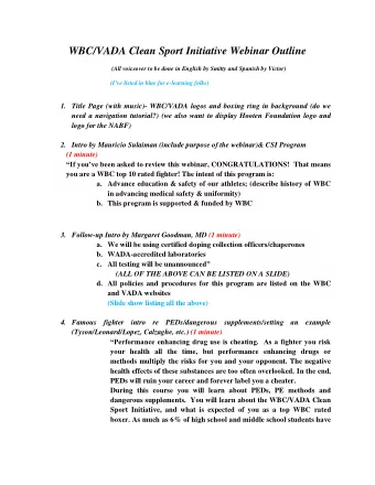 WBC/VADA Clean Sport Initiative Webinar Outline  (All voiceover to be done in English by Smitty and