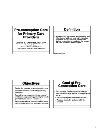 Definition  Definition  Pre-conception Care  Pre-conception Care  for Primary Care  for Primary