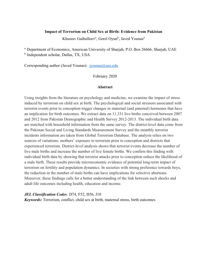 impact of terrorism on child sex at birth evidence from