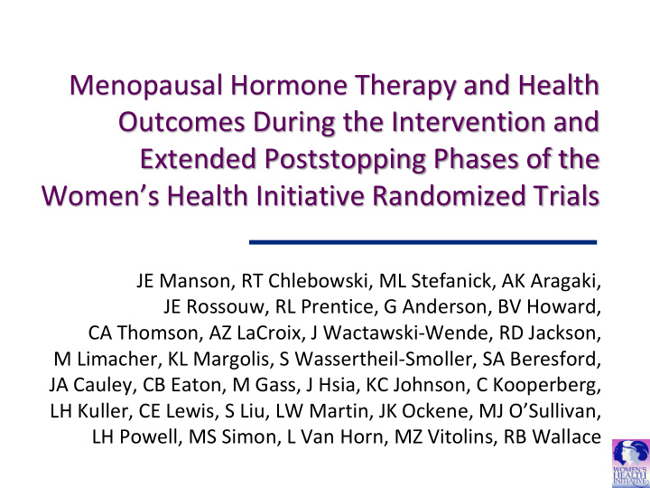 menopausal hormone therapy and health outcomes during the