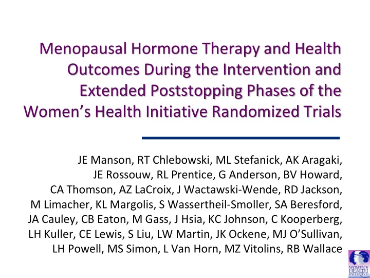 menopausal hormone therapy and health outcomes during the