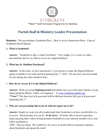 Parish Staff &amp; Ministry Leader Presentation Handouts :  This presentation, Symbolon Flyer ,