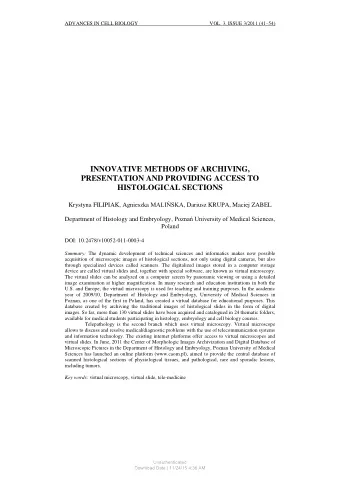 INNOVATIVE METHODS OF ARCHIVING,  PRESENTATION AND PROVIDING ACCESS TO  HISTOLOGICAL SECTIONS