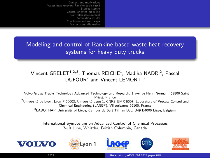modeling and control of rankine based waste heat recovery