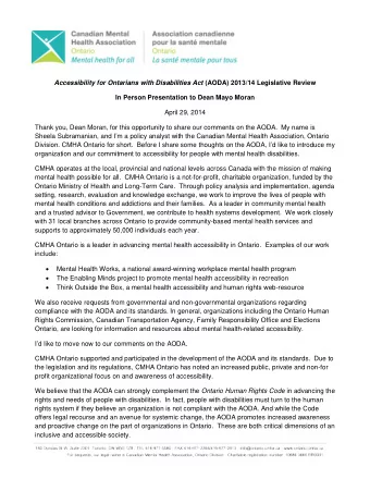 Accessibility for Ontarians with Disabilities Act (AODA) 2013/14 Legislative Review  In Person
