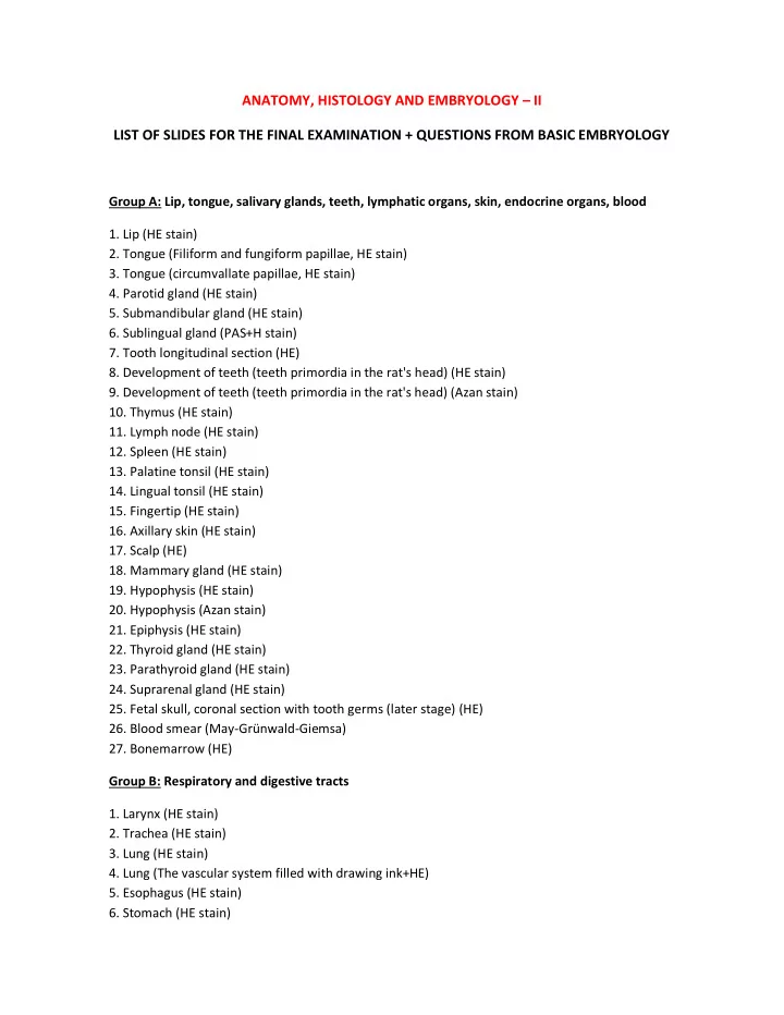 anatomy histology and embryology ii list of slides for