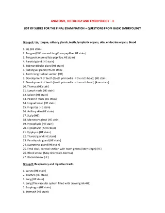 ANATOMY, HISTOLOGY AND EMBRYOLOGY  II  LIST OF SLIDES FOR THE FINAL EXAMINATION + QUESTIONS FROM