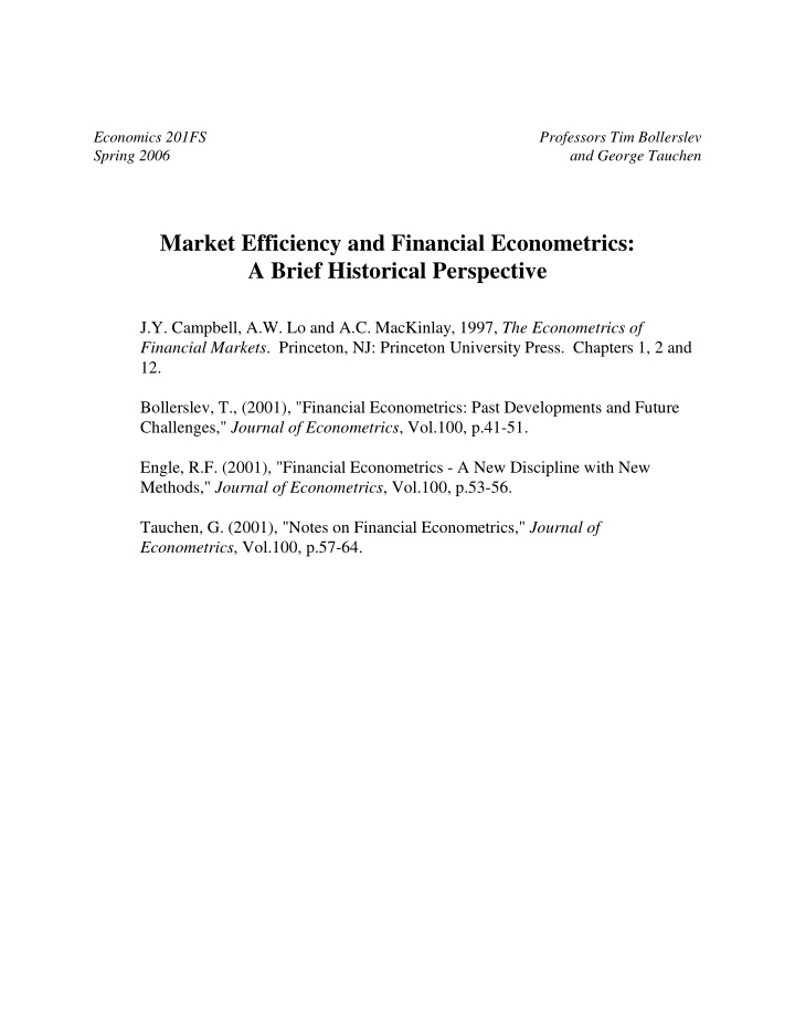 market efficiency and financial econometrics a brief