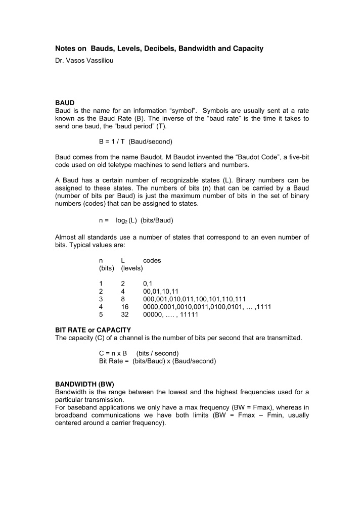 notes on bauds levels decibels bandwidth and capacity