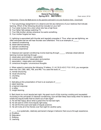 General Psychology Spring 2013    MIDTERM 2 Exam version: 2013d Instructions: Choose the best