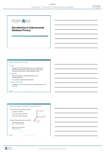 Introduction to Cybersecurity  Database Privacy  Review: Anonymity vs. Privacy  Privacy -