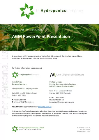 For personal use only ASX RELEASE (23 rd March 2018) AGM PowerPoint Presentaion  In accordance with