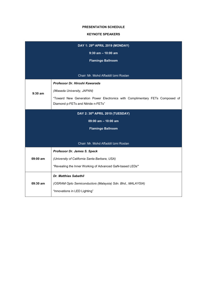presentation schedule keynote speakers day 1 29 th april