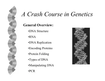 A Crash Course in Genetics  General Overview:  DNA Structure  RNA  DNA Replication
