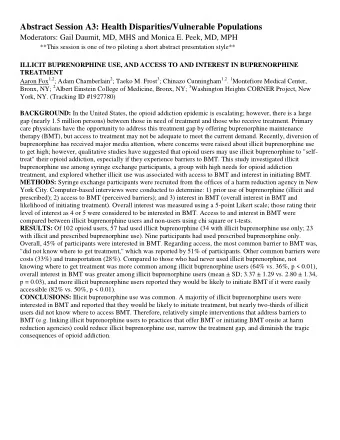 Abstract Session A3: Health Disparities/Vulnerable Populations  Moderators: Gail Daumit, MD, MHS
