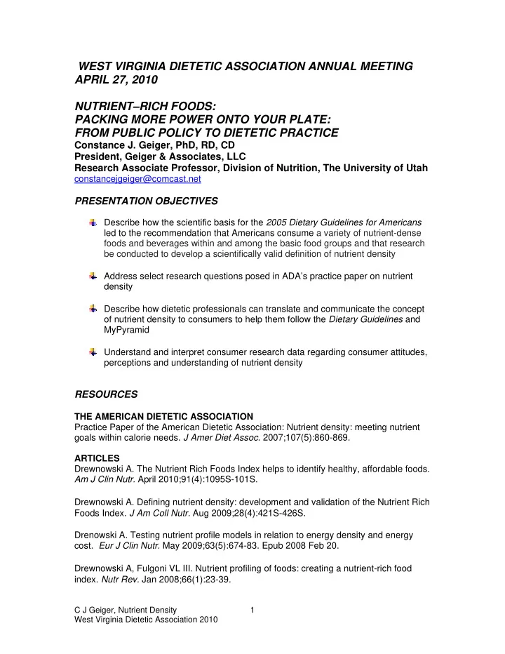 west virginia dietetic association annual meeting april