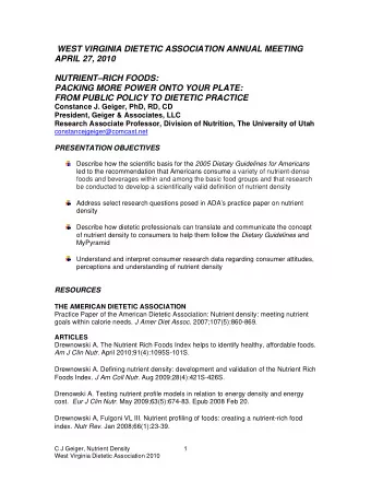 WEST VIRGINIA DIETETIC ASSOCIATION ANNUAL MEETING  APRIL 27, 2010  NUTRIENTRICH FOODS:  PACKING