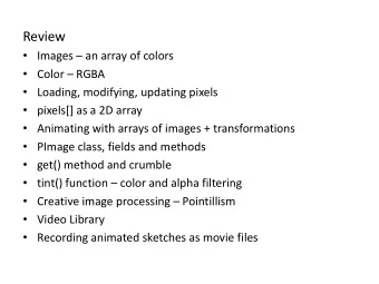 Review  Images  an array of colors  Color  RGBA  Loading, modifying, updating pixels