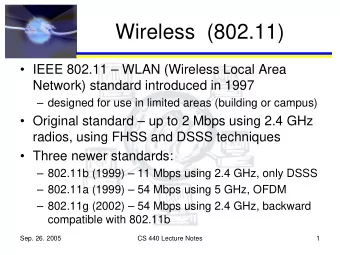 Wireless  (802.11)   IEEE 802.11  WLAN (Wireless Local Area  Network) standard introduced in