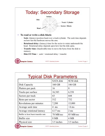 Today: Secondary Storage  To read or write a disk block:  Seek: (latency) position head over