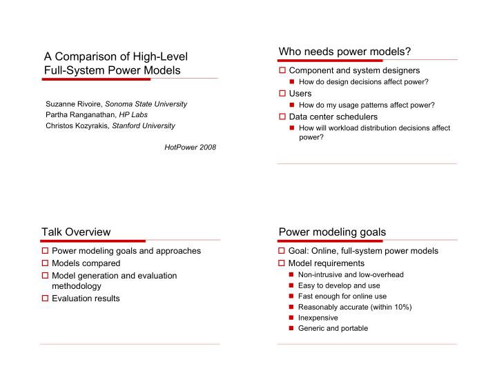 a comparison of high level full system power models