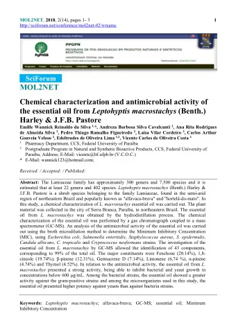 MOL2NET  Chemical characterization and antimicrobial activity of the essential oil from Leptohyptis