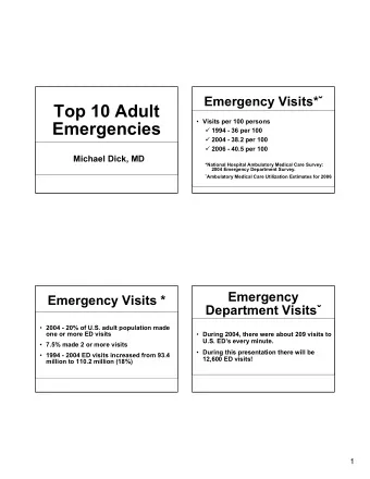 Top 10 Adult  Visits per 100 persons  Emergencies  1994 - 36 per 100  2004 - 38.2 per 100
