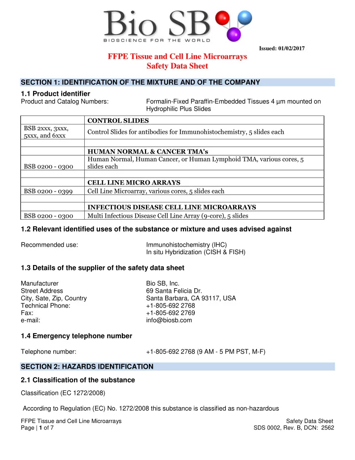issued 01 02 2017 ffpe tissue and cell line microarrays