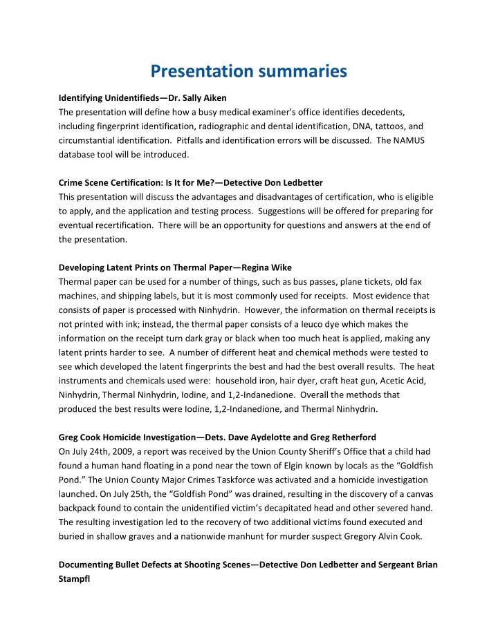 presentation summaries