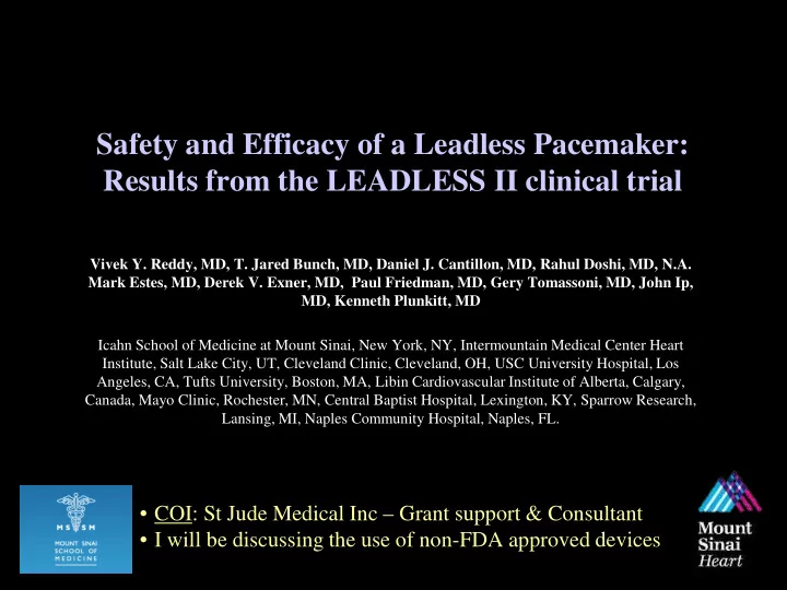 safety and efficacy of a leadless pacemaker results from