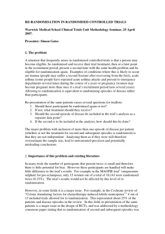RE-RANDOMISATION IN RANDOMISED CONTROLLED TRIALS  Warwick Medical School Clinical Trials Unit