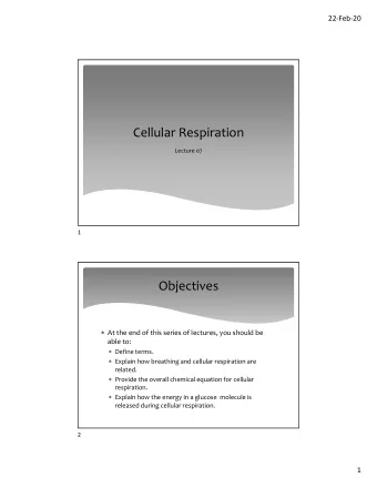 Cellular Respiration Lecture 07  1  Objectives  At the end of this series of lectures, you