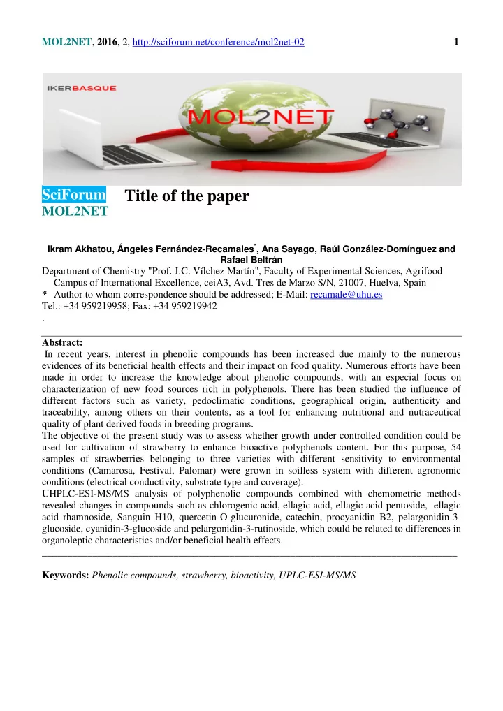 sciforum title of the paper mol2net ikram akhatou ngeles