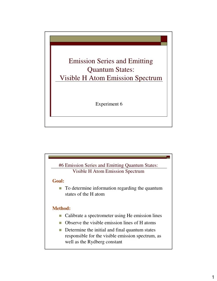 emission series and emitting quantum states visible h