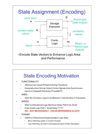 State%Assignment%(Encoding)  p  clock/input  Moore,type    state/outputs  Storage  Elements  k