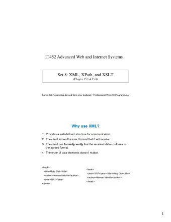 IT452 Advanced Web and Internet Systems  Set 8: XML, XPath, and XSLT  (Chapter 15.1-4,15.8)  Some