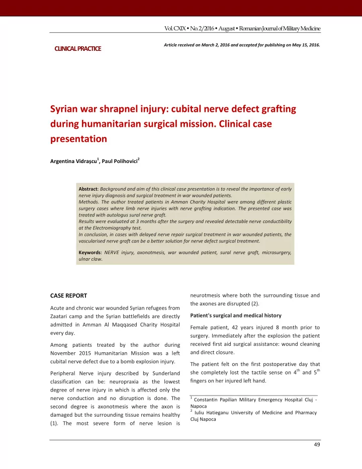 syrian war shrapnel injury cubital nerve defect grafting