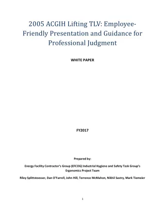 2005 ACGIH Lifting TLV: Employee-  Friendly Presentation and Guidance for Professional Judgment