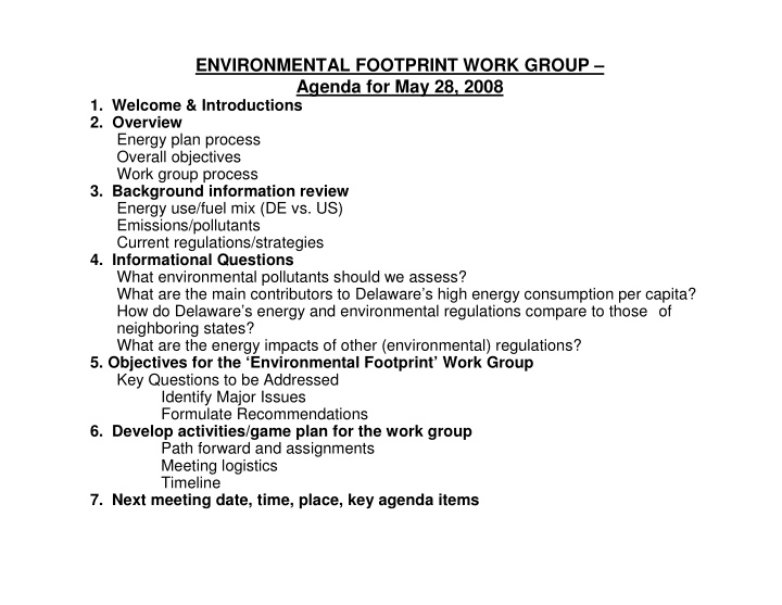 environmental footprint work group agenda for may 28 2008