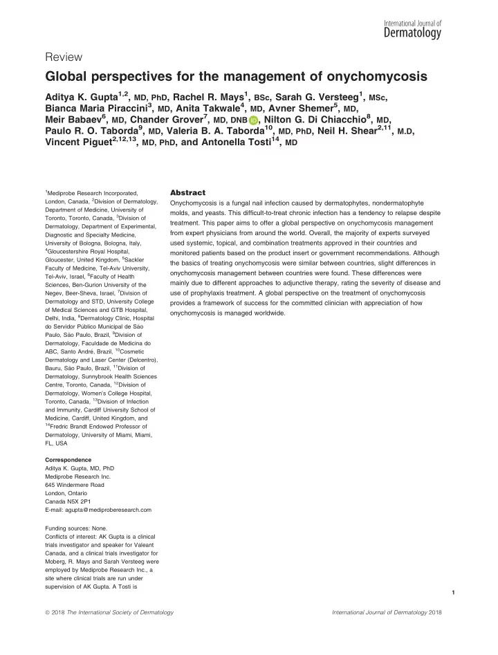 global perspectives for the management of onychomycosis