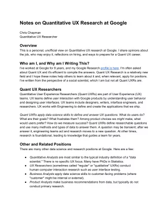 Notes on Quantitative UX Research at Google  Chris Chapman  Quantitative UX Researcher  Overview