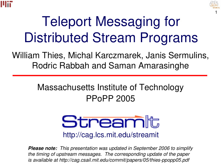 teleport messaging for distributed stream programs