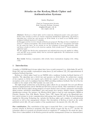 Attacks on the KeeLoq Block Cipher and  Authentication Systems  Andrey Bogdanov  Chair for