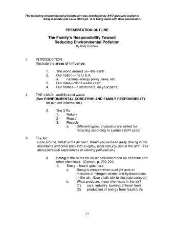 The Familys Responsibility Toward  Reducing Environmental Pollution  By Kelly Goodale  I.