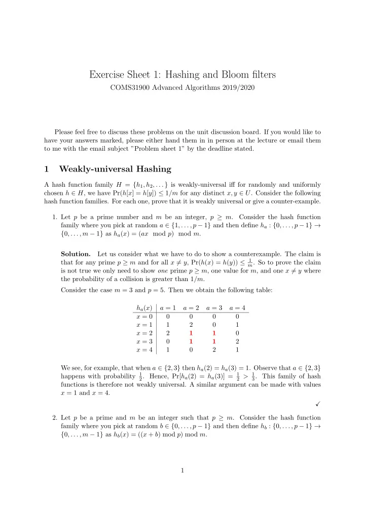 exercise sheet 1 hashing and bloom filters