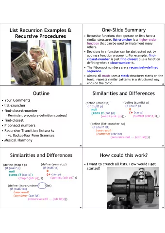 One-Slide Summary  List Recursion Examples &amp;  Recursive Procedures   Recursive functions