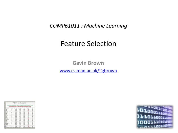feature selection gavin brown cs man ac uk gbrown the