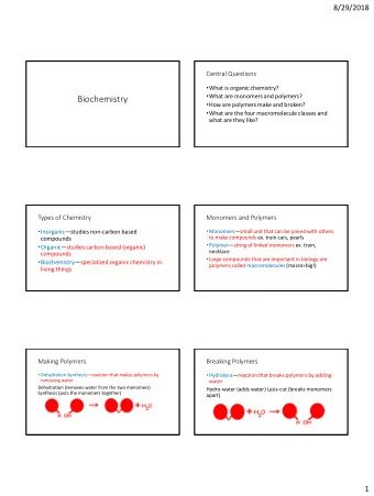 Biochemistry  How are polymers make and broken?  What are the four macromolecule classes and